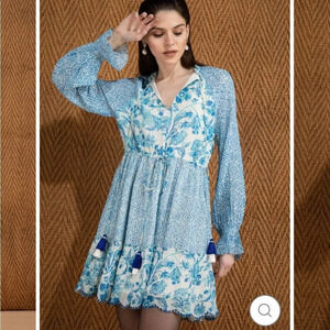 House of Harlow 1960 Women's Blue Floral V-Neck Long-Sleeve Lined Mini D…